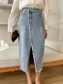 DAZY Cao eo Xén Thô Tách đùi Váy Denim - Rửa nhẹ - Xem 5