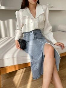 DAZY Cao eo Xén Thô Tách đùi Váy Denim - Rửa nhẹ - Xem 7