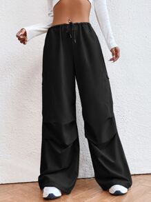 SHEIN EZwear Drawstring Waist Parachute Pants - Black - View 1