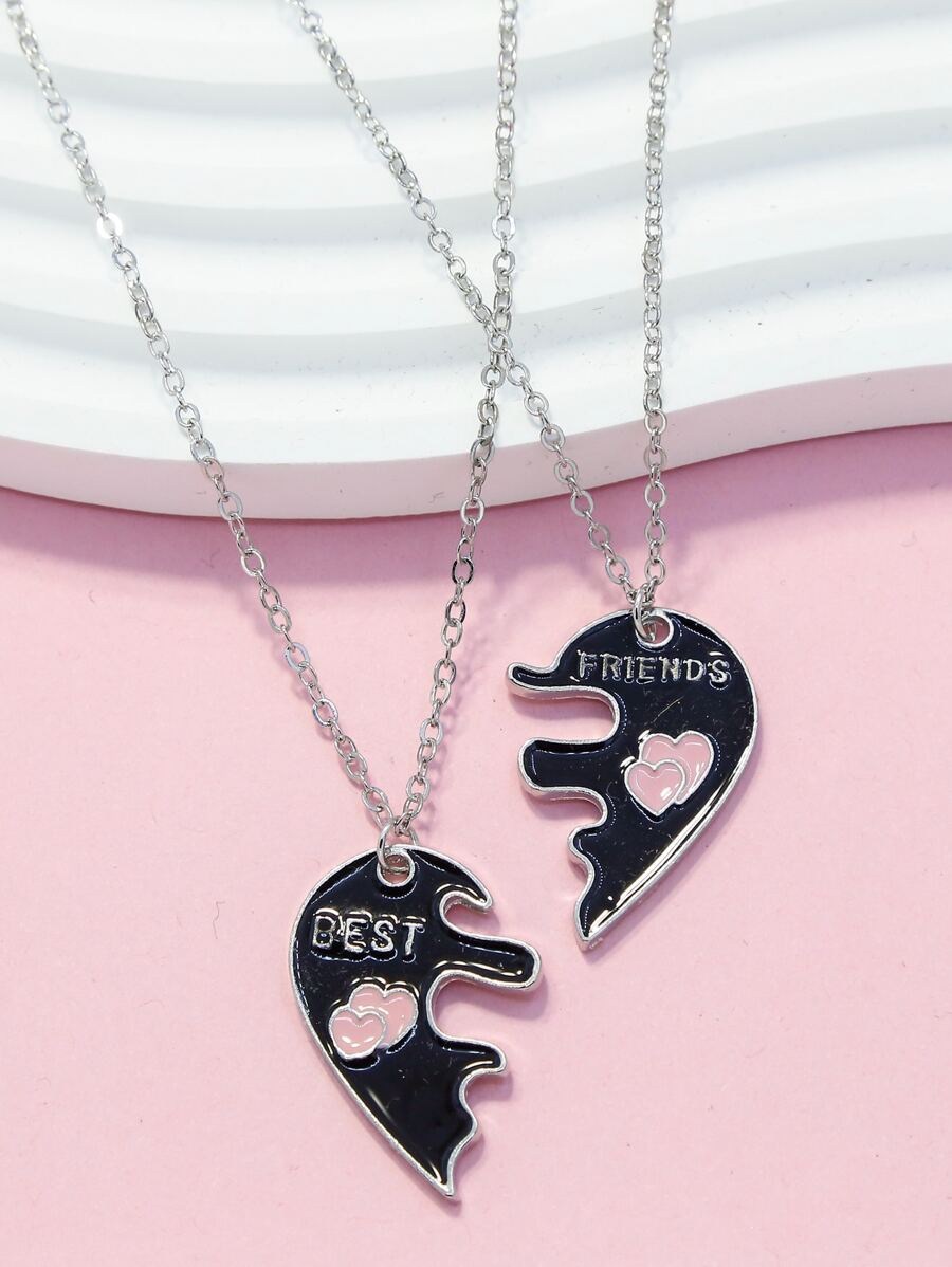 2入組女孩字母細節半心形墜飾項鍊 - 彩色 - 查看 1