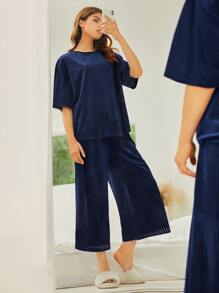 SHEIN Unity Drop Shoulder Velvet PJ Set - Navy Blue - View 4