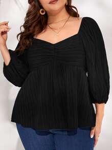 SHEIN VCAY Plus Sweetheart Neck Ruched Front Lantern Sleeve Peplum Top - Black - View 5