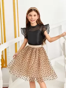 SHEIN Girls Butterfly Sleeve Mesh Top & Heart Print Skirt With Cami