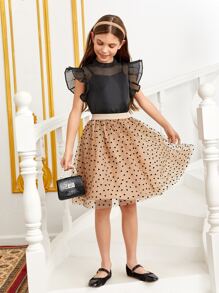 SHEIN Girls Butterfly Sleeve Mesh Top & Heart Print Skirt With Cami