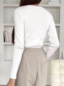 DAZY Suéter De Punto Acanalado De Cuello Redondo - Blanco - Ver 2