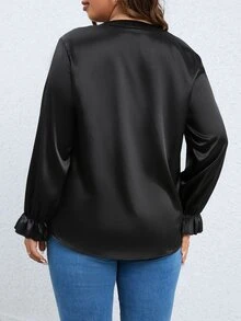 Celure Plus Notched Neck Flounce Sleeve Blouse - Black - View 2