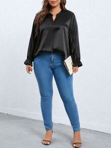 Celure Plus Notched Neck Flounce Sleeve Blouse - Black - View 3