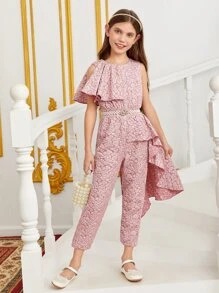 SHEIN Girls 1pc Jacquard Asymmetrical Ruffle Trim Jumpsuit Without Belt - Baby Pink - View 1