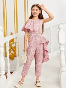 SHEIN Girls 1pc Jacquard Asymmetrical Ruffle Trim Jumpsuit Without Belt - Baby Pink - View 3