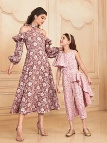 SHEIN Girls 1pc Jacquard Asymmetrical Ruffle Trim Jumpsuit Without Belt - Baby Pink - View 6