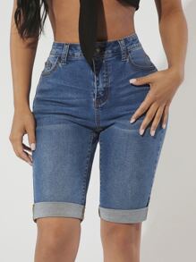 SHEIN SXY Roll Up Hem Denim Shorts - Medium Wash - View 1