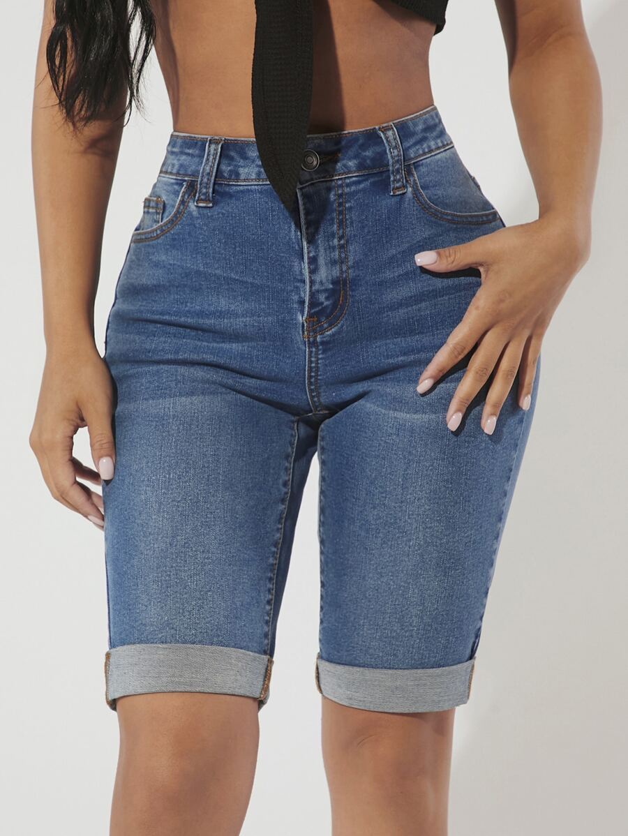 SHEIN SXY Roll Up Hem Denim Shorts - Medium Wash - View 1