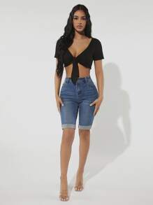 SHEIN SXY Roll Up Hem Denim Shorts - Medium Wash - View 3