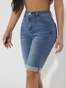 SHEIN SXY Roll Up Hem Denim Shorts - Medium Wash - View 4