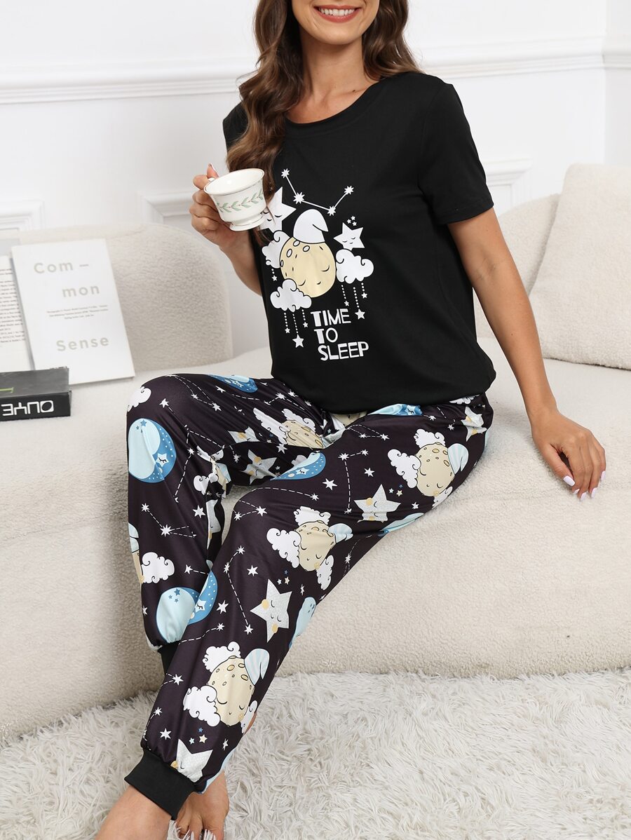 Moon & Slogan Graphic Tee & Trousers PJ Set - Black - View 1