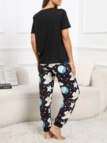 Moon & Slogan Graphic Tee & Trousers PJ Set - Black - View 2