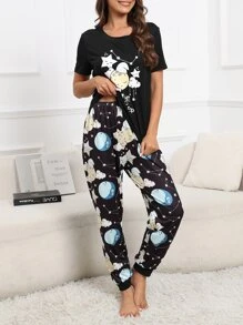 Moon & Slogan Graphic Tee & Trousers PJ Set - Black - View 3