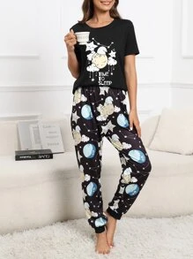 Moon & Slogan Graphic Tee & Trousers PJ Set - Black - View 4
