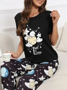 Moon & Slogan Graphic Tee & Trousers PJ Set - Black - View 6