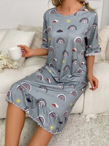 Váy ngủ & áo ngủ Nữ Tương phản ren Viên lá sen Hoạt hình Tất cả trên in Dễ thương - Xám - Xem 3