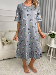 Váy ngủ & áo ngủ Nữ Tương phản ren Viên lá sen Hoạt hình Tất cả trên in Dễ thương - Xám - Xem 4