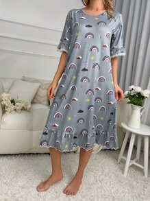 Váy ngủ & áo ngủ Nữ Tương phản ren Viên lá sen Hoạt hình Tất cả trên in Dễ thương - Xám - Xem 5