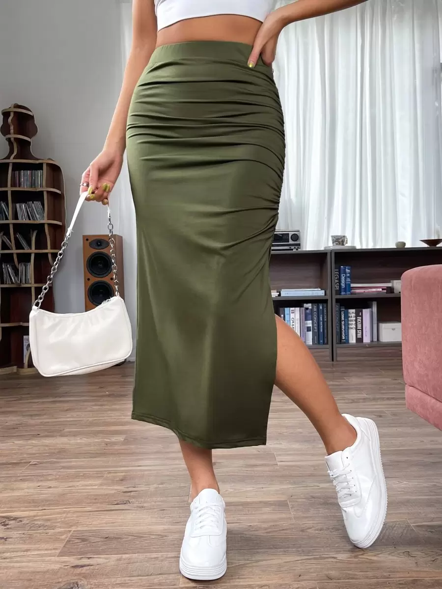 SHEIN EZwear High Waist Ruched Split Thigh Skirt - Olive Green - View 1