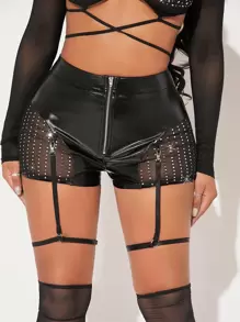 SHEIN SXY Quần đùi nữ Tương phản Mesh Dây kéo Đúc màu trơn Buổi tiệc - màu đen - Xem 1