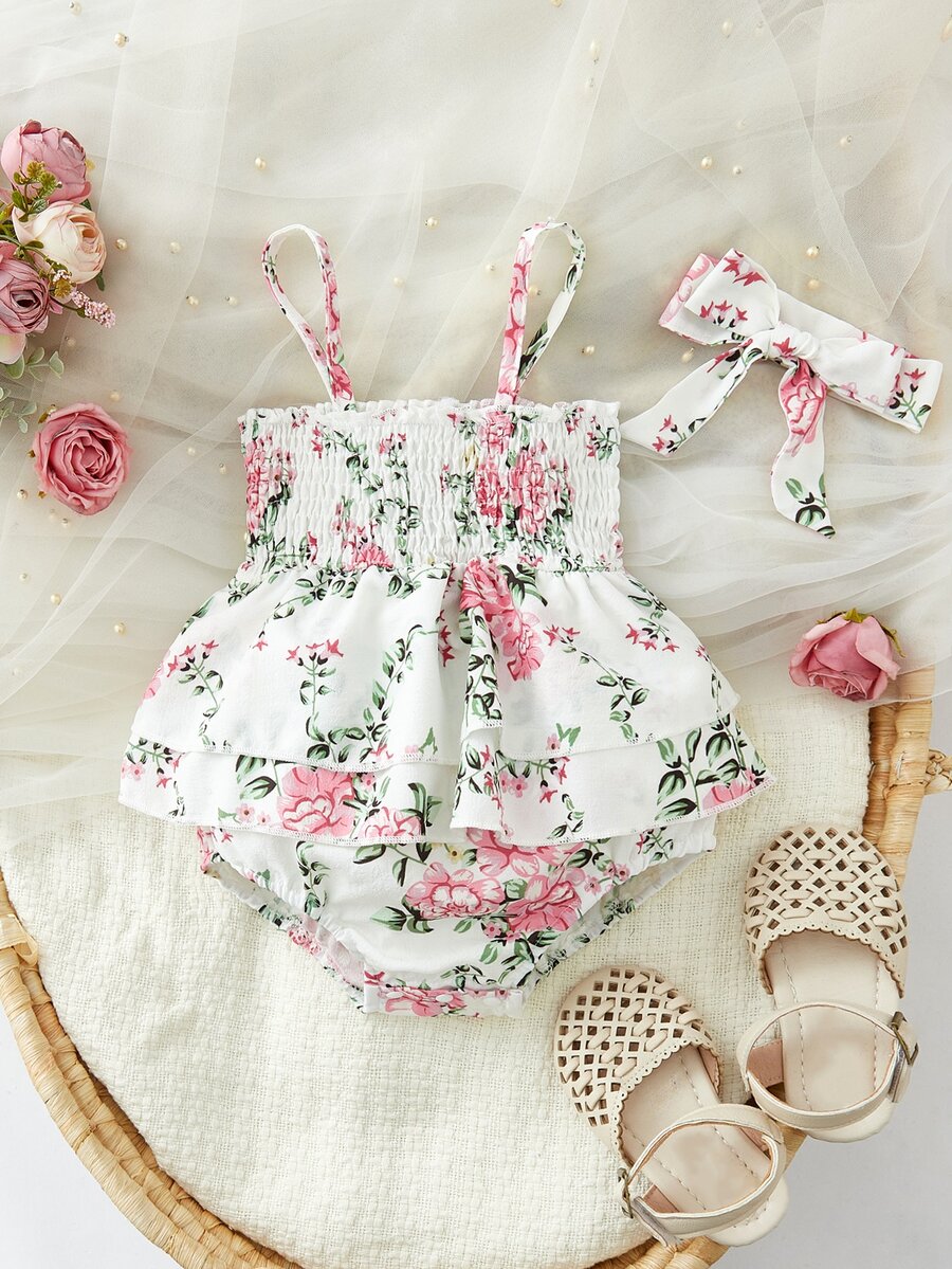 Baby Floral Print Layer Hem Cami Dress - White - View 1