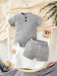 Baby Boy Summer Casual Front Button Bodysuit And Shorts Set - Grey - View 1
