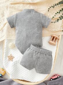 Baby Boy Summer Casual Front Button Bodysuit And Shorts Set - Grey - View 3