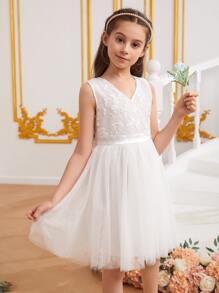 SHEIN 女孩對比刺繡後綁帶蝴蝶結網紗覆蓋洋裝 - 白色 - 查看 2