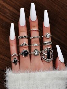 12pcs Rhinestone Water Drop Decor Ring - Antique Silver - View 1