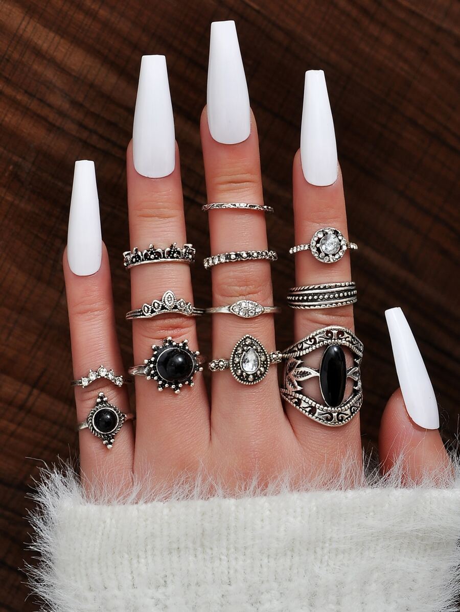 12pcs Rhinestone Water Drop Decor Ring - Antique Silver - View 1