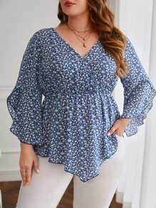 SHEIN VCAY 大碼碎花手帕下擺襯衫 - 藍白色 - 查看 1