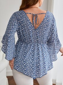 SHEIN VCAY 大碼碎花手帕下擺襯衫 - 藍白色 - 查看 2