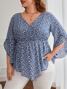 SHEIN VCAY 大碼碎花手帕下擺襯衫 - 藍白色 - 查看 4