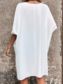 SHEIN VCAY Guipure Lace Insert Batwing Sleeve Blouse - White - View 2