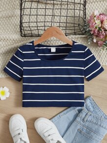 SHEIN 女孩條紋印花T恤 - 藏蓝色 - 查看 1