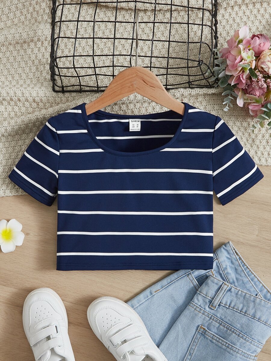 SHEIN 女孩條紋印花T恤 - 藏蓝色 - 查看 1