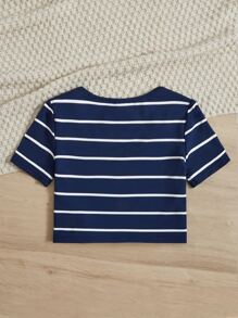 SHEIN 女孩條紋印花T恤 - 藏蓝色 - 查看 2