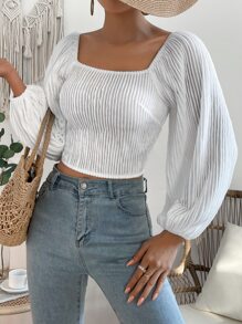 SHEIN Holidaya 露背繫帶方領短款襯衫 - 白色 - 查看 3