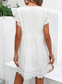 SHEIN Frenchy Eyelet Embroidery Scallop Trim Smock Dress - White - View 2