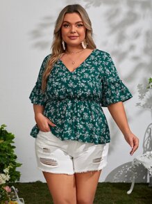 SHEIN VCAY Plus Ditsy Floral Print Tie Backless Peplum Blouse - Dark Green - View 4