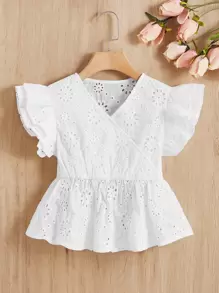 SHEIN 女孩網眼刺繡荷葉邊荷葉邊下擺襯衫 - 白色 - 查看 1
