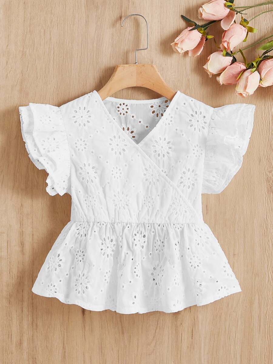 SHEIN 女孩網眼刺繡荷葉邊荷葉邊下擺襯衫 - 白色 - 查看 1