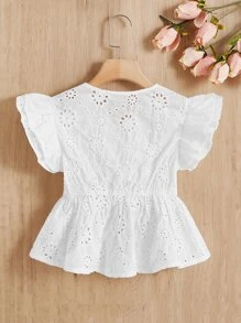 SHEIN 女孩網眼刺繡荷葉邊荷葉邊下擺襯衫 - 白色 - 查看 2