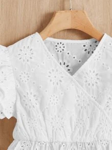 SHEIN 女孩網眼刺繡荷葉邊荷葉邊下擺襯衫 - 白色 - 查看 3