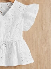 SHEIN 女孩網眼刺繡荷葉邊荷葉邊下擺襯衫 - 白色 - 查看 4