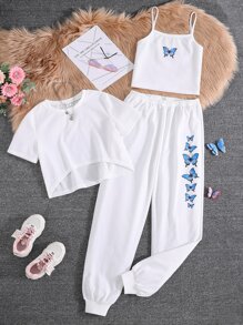 Teen Girls Butterfly Print Cami Top & Joggers & High Low Tee - White - View 1